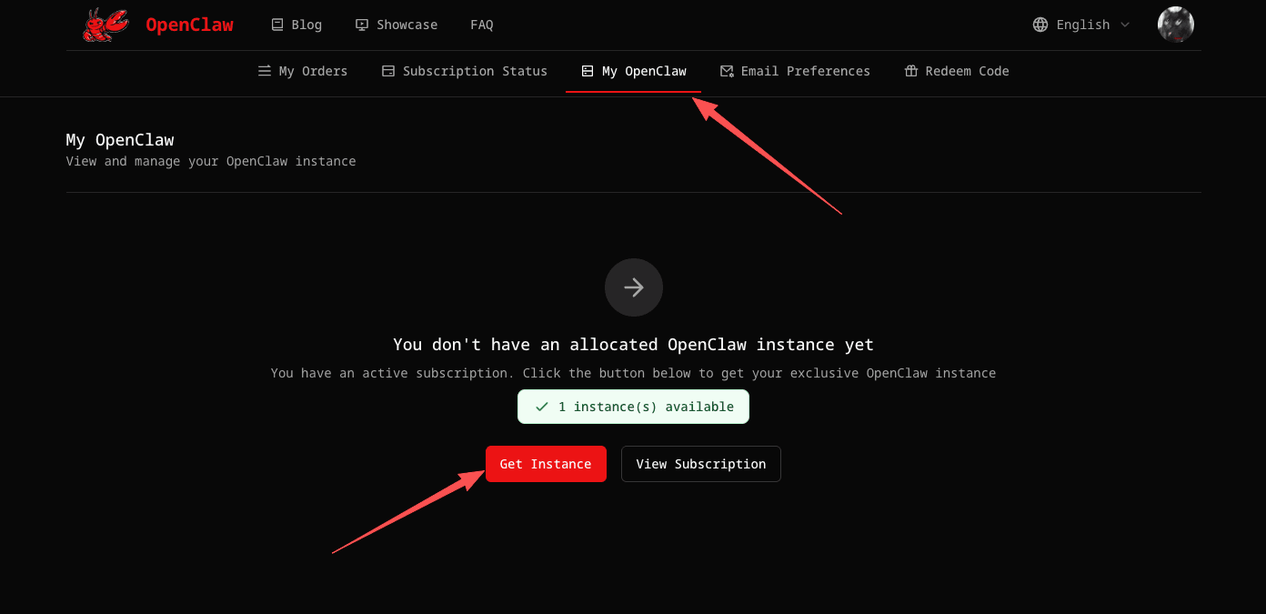 OpenClaw dashboard showing the Get Instance button