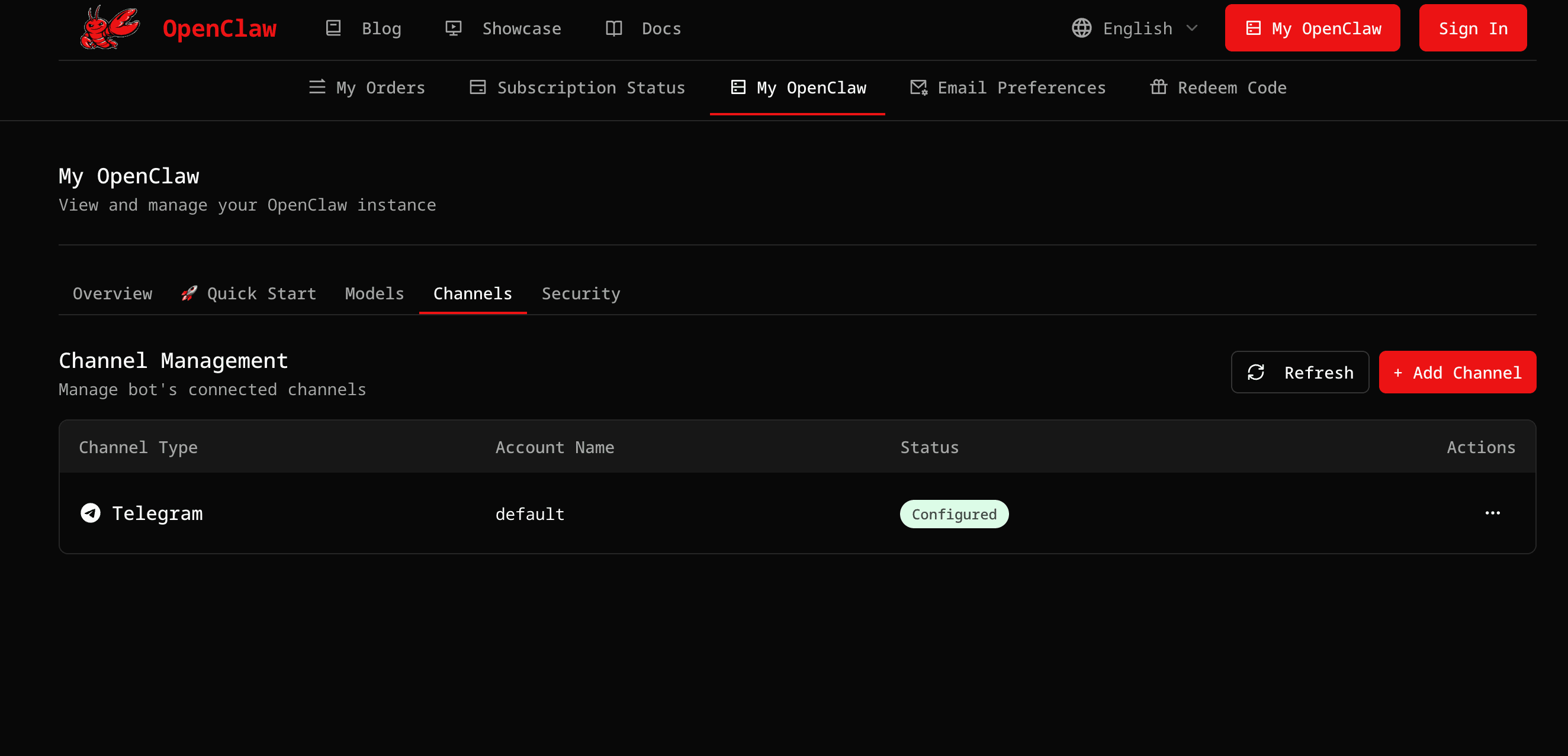 OpenClaw channel management showing a configured Telegram connection