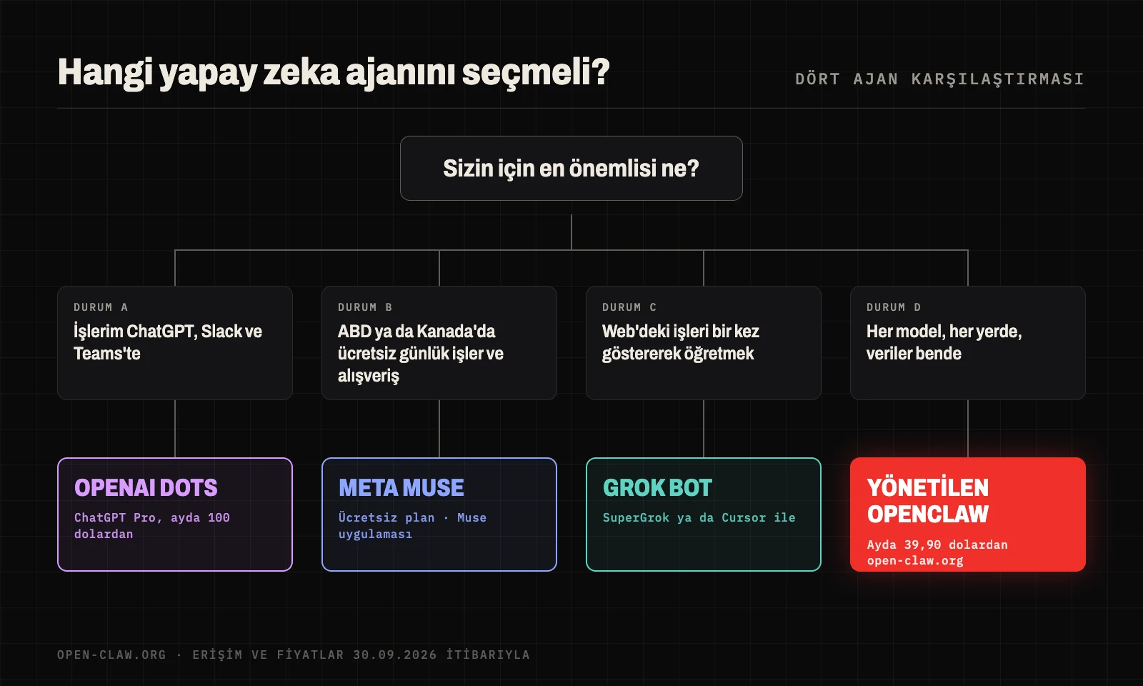 OpenAI Dots, Meta Muse, Grok Bot ve OpenClaw arasında seçim rehberi: iş ChatGPT, Slack ve Teams'teyse Dots, ABD ya da Kanada'da ücretsiz günlük işler için Muse, web iş akışlarını göstererek öğretmek için Grok Bot, her model ve kendi verileriniz için yönetilen OpenClaw