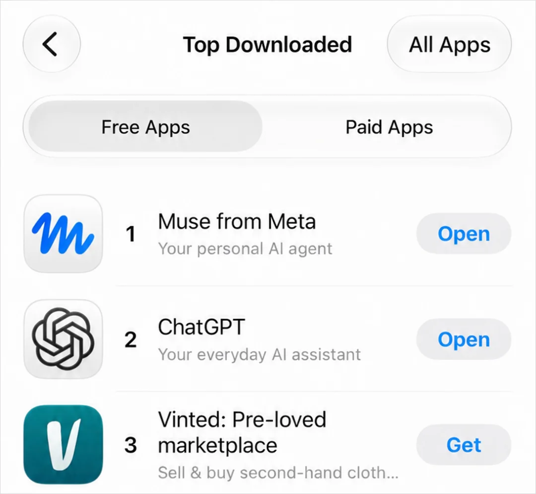 US App Store Top Downloaded free apps, with Muse from Meta at number 1 and ChatGPT at number 2